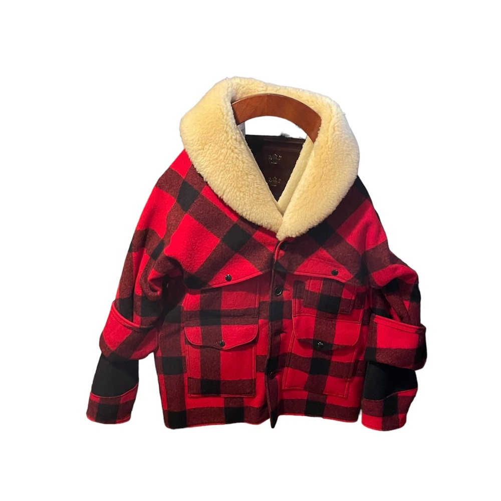Vintage Black and Red Plaid Filson Macinaw Packer Coat with Shearling Collar.